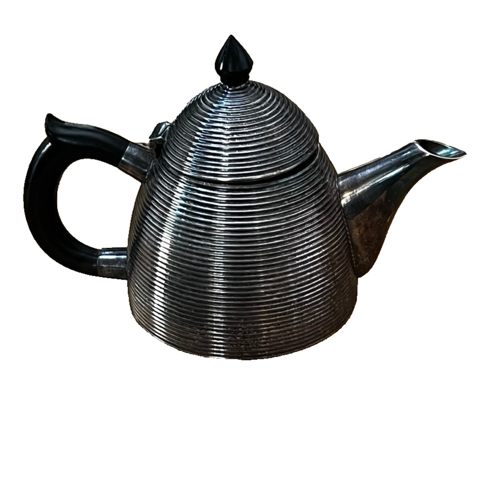 Beehive Shaped Teapot 6.5" Tall Silver-plate Art Deco Black Handle Mid Century